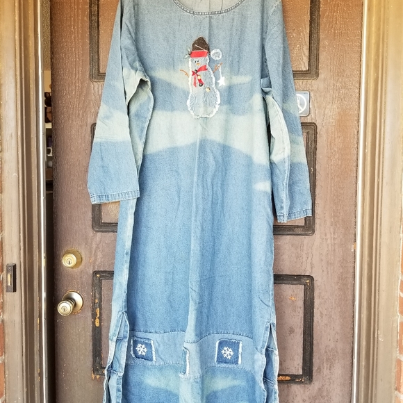 Christmas Snowman Bleu Bayou Blue White Denim Maxi Dress Size 2X - Picture 1 of 8